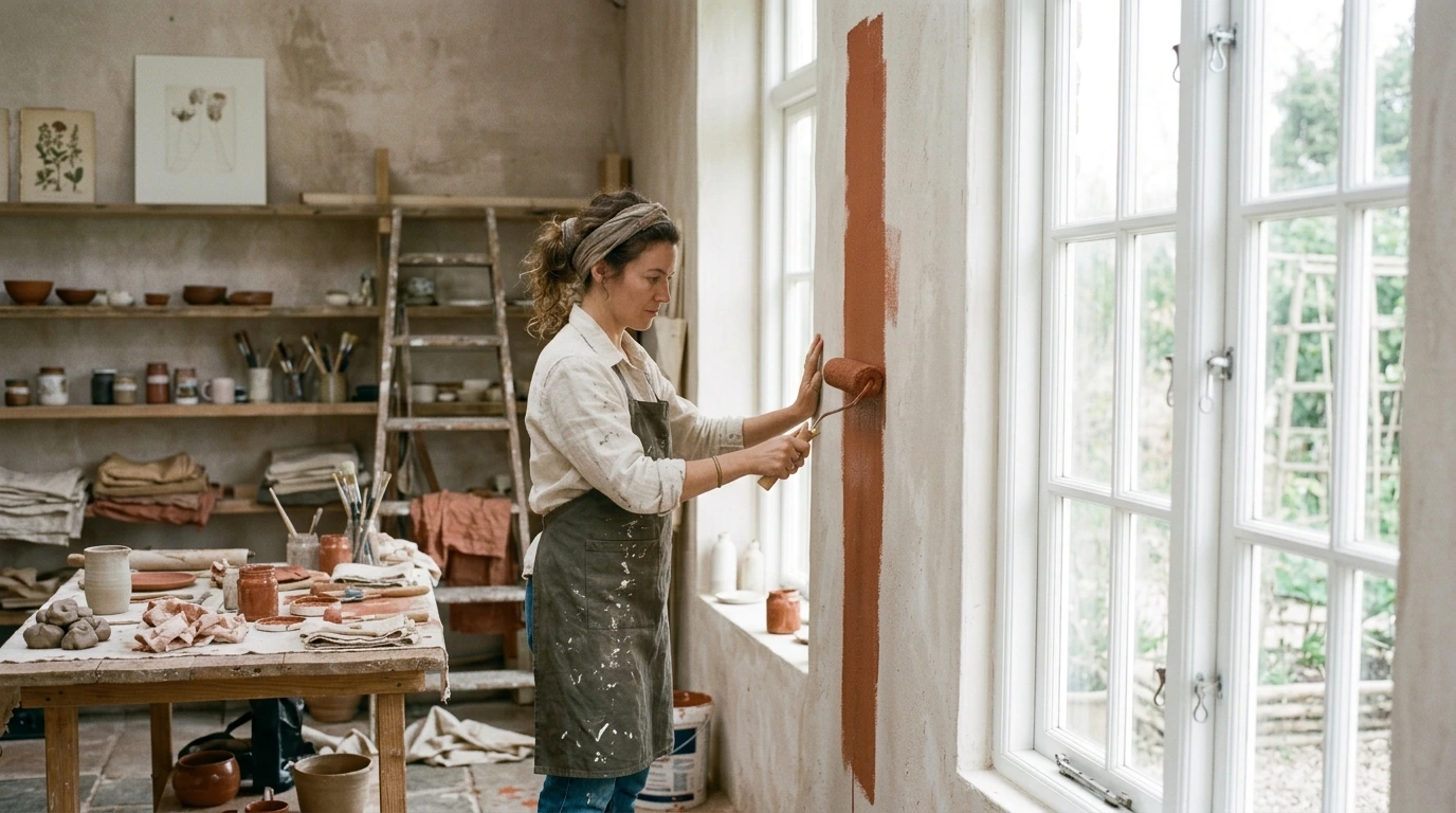 Artisane appliquant de la peinture sur un mur intérieur